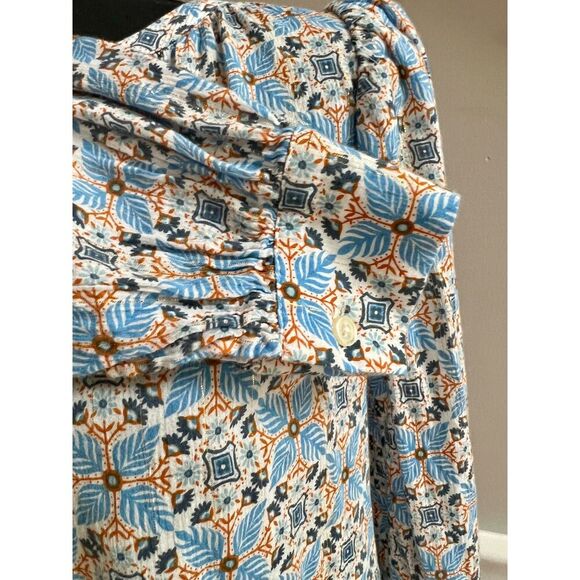Loft Long Sleeve Blue Orange Gold Thread Tie Neckline Peasant Blouse Size M - Picture 6 of 6